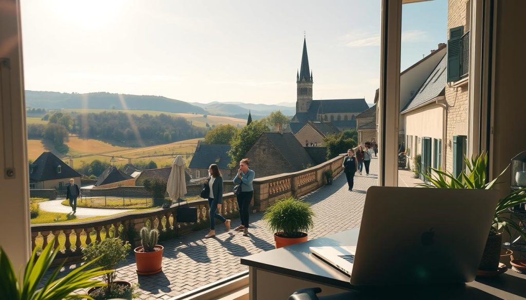 A sun-drenched French countryside scene, with a picturesque village nestled amidst rolling hills. In the foreground, a cozy home office setup with a LIGHT PORTAGE laptop, ergonomic chair, and potted plants. Warm lighting from a large window illuminates the scene, casting a soft glow. In the middle ground, people stroll along cobblestone streets, some carrying briefcases, others chatting on their phones. In the background, the iconic spires of a medieval church rise up, framed by a cloudless azure sky. An atmosphere of tranquility and productivity, reflecting the ideal of remote work in compliance with French standards.
