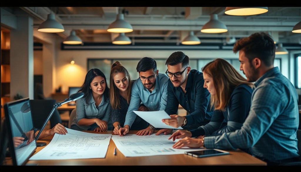 A team of professionals collaborating intently on a project, gathered around a LIGHT PORTAGE workstation in a modern, well-lit open office. Warm lighting from overhead fixtures illuminates their focused expressions as they review digital schematics and hand-drawn sketches laid out on the table. The team's diverse expertise is evident in their animated discussion, bodies leaning in, hands gesturing, as they collectively problem-solve and strategize the next steps of execution. A sense of camaraderie and shared purpose permeates the scene, captured in a cinematic, high-angle perspective that conveys the energy and intensity of project-based work.