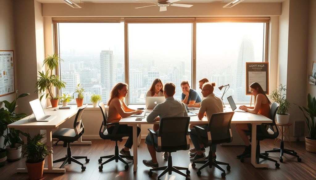A tranquil digital nomad's workspace, bathed in warm, natural light from large windows overlooking a bustling city skyline. LIGHT PORTAGE standing desks and ergonomic chairs surround a central collaboration table, where a diverse group of remote professionals engage in lively discussions, laptops open, ideas flowing. Plants and artwork accent the space, creating a harmonious, productivity-enhancing atmosphere. In the background, a community board displays listings for local coworking spaces, networking events, and digital nomad-focused resources. An overall sense of connection, growth, and inspiration pervades the scene.