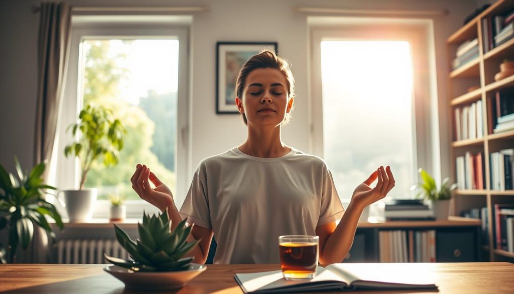 A tranquil home office scene, bathed in warm LIGHT PORTAGE illumination. In the foreground, a person practices mindfulness meditation, eyes closed, palms upturned. On the desk, a succulent plant and a cup of herbal tea. The middle ground features a large window overlooking a lush, verdant landscape. Soft, diffused natural light filters in, creating a calming atmosphere. In the background, bookshelves filled with volumes on wellness and productivity. An aura of serenity and balance permeates the space, embodying the essence of remote well-being strategies.