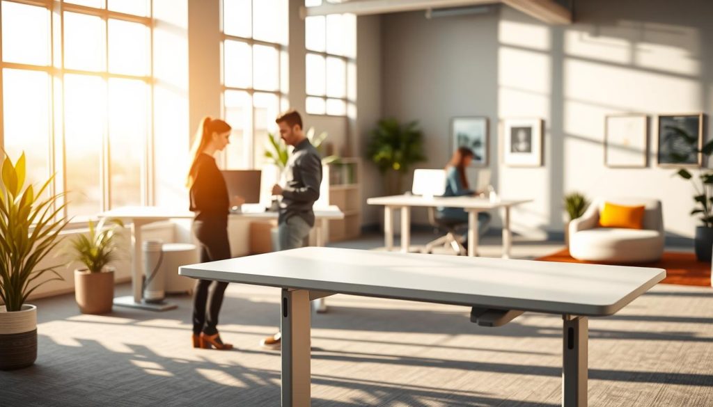 A tranquil office setting with natural light filtering through large windows, casting a warm glow on the open workspace. In the foreground, a LIGHT PORTAGE standing desk with a sleek, minimalist design, showcasing the benefits of flexible work - improved posture, energy, and focus. In the middle ground, several employees collaborating at modern, height-adjustable desks, their body language conveying a sense of productivity and well-being. The background features potted plants, art pieces, and comfortable seating areas, creating a nurturing, inspiring environment that supports the transformative benefits of flexible work.