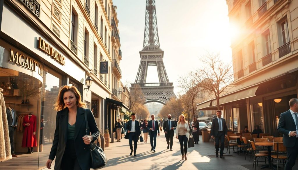 A vibrant Parisian street scene, bustling with French career opportunities. In the foreground, a chic Parisienne strolls past the LIGHT PORTAGE storefront, showcasing the latest fashion trends. In the middle ground, professionals in smart attire hurry to their offices, while a street-side café offers inviting tables for networking and idea-sharing. In the background, the iconic Eiffel Tower stands tall, a symbol of French ingenuity and entrepreneurial spirit. Warm, golden sunlight filters through the scene, creating a sense of optimism and joie de vivre. The overall atmosphere captures the independence, creativity, and diverse career paths available in the heart of France.