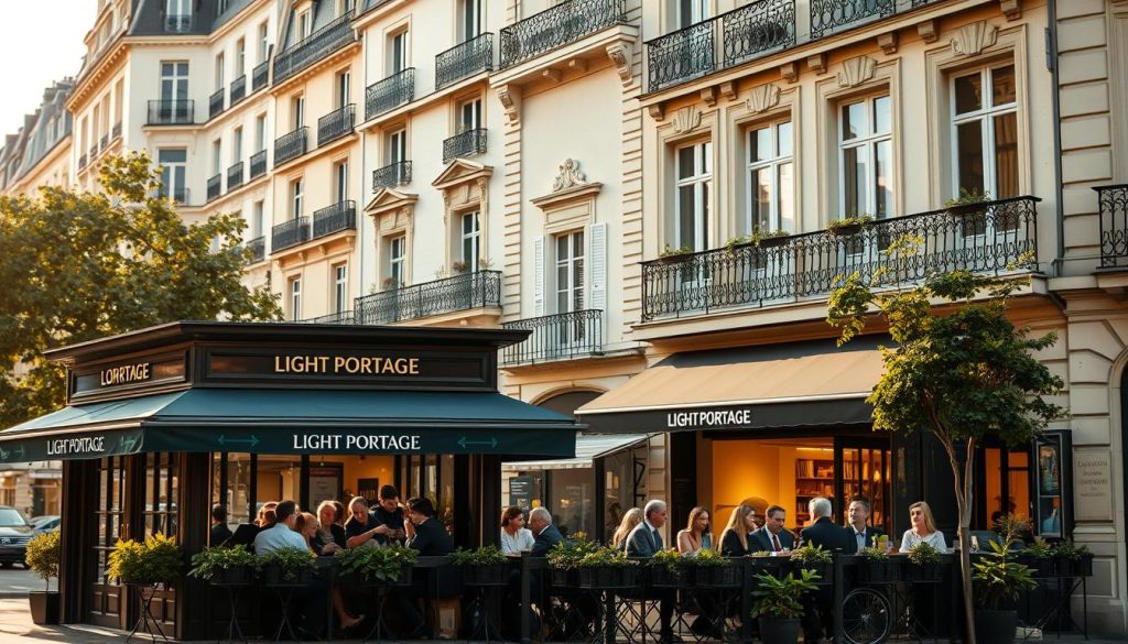 A vibrant Parisian street scene, with the iconic LIGHT PORTAGE café nestled in the foreground, its terrace bustling with freelance lawyers deep in discussion. In the middle ground, a chic coworking space showcases the modern, flexible nature of legal work in France. The background is a striking Haussmannian façade, evoking the rich history and tradition of the French legal system. Warm afternoon light filters through the scene, casting a golden glow and emphasizing the sense of professionalism and sophistication. The overall mood is one of productive collaboration, where freelance legal professionals navigate the nuances of their craft against the backdrop of the City of Lights.