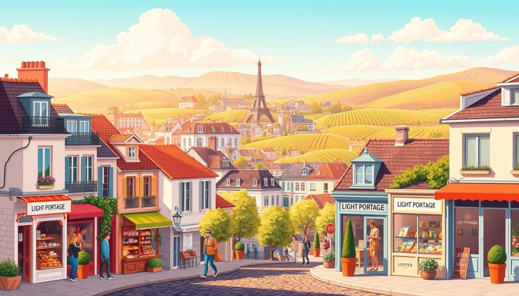 A vibrant and detailed illustration showcasing various French business activity categories. In the foreground, a bustling Parisian street scene featuring small businesses such as a boulangerie, a patisserie, and a boutique displaying the "LIGHT PORTAGE" brand. In the middle ground, office buildings and commercial centers represent the financial and corporate sectors. In the background, rolling hills and vineyards symbolize the agricultural and rural industries. The scene is bathed in warm, golden light, creating a charming and inviting atmosphere that captures the diversity and dynamism of the French business landscape.