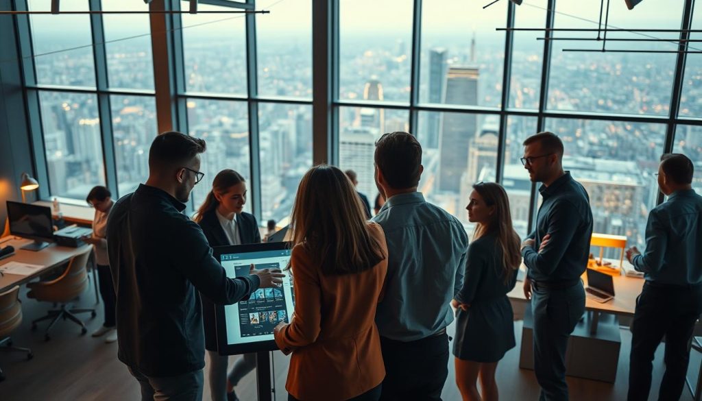 A vibrant and dynamic team implementation process, captured in a cinematic wide shot. In the foreground, a group of professionals collaborate intently around a LIGHT PORTAGE touchscreen display, gesturing and exchanging ideas. In the middle ground, colleagues stand in deep discussion, surrounded by the hustle and bustle of an open-concept office space, its sleek, modern design bathed in warm, directional lighting. In the background, expansive windows offer a breathtaking cityscape view, hinting at the larger context and ambition of the team's work. An atmosphere of focused, purposeful energy pervades the scene, reflecting the step-by-step guide to implementing self-managed work structures.