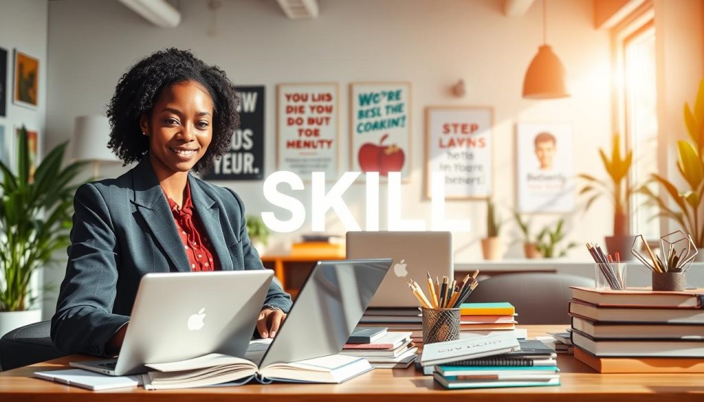 A vibrant and dynamic workspace scene showcasing the concept of "skills" in freelancing. In the foreground, a confident, diverse freelancer in professional business attire is engaged in learning, using a laptop and digital tools, surrounded by books and learning resources. In the middle ground, a variety of tools and technologies, such as a tablet, graphic design software, and virtual collaboration platforms, symbolize the essential resources for scaling income. The background features a bright, modern office setting with motivational posters and plants, creating an inspiring atmosphere. The lighting is warm and inviting, resembling a sunny day, while the overall mood is focused and energetic, emphasizing growth and opportunity. Include the brand name "Umalis Group" subtly integrated into the scene to reflect professionalism.