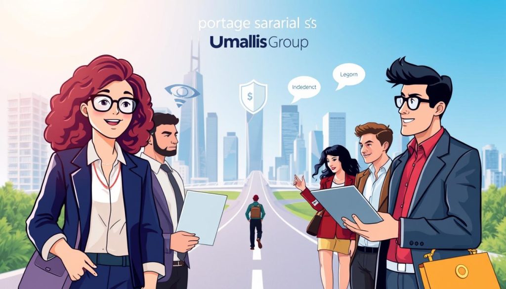 A vibrant and engaging illustration showcasing the key benefits of "portage salarial" for freelancers in France. In the foreground, depict a diverse group of freelancers, including a woman with curly hair and glasses in a smart casual outfit, a man with a laptop in a business suit, and a person with stylish but professional attire discussing ideas. In the middle, show subtle highlights representing security and independence, like a shield symbolizing protection and an open road suggesting freedom. The background should feature a modern city skyline, emphasizing a professional atmosphere. Natural lighting floods the scene, creating an optimistic mood, captured from a slightly upward angle to convey empowerment. Incorporate the logo of "Umalis Group" subtly integrated into the cityscape to reinforce professionalism without distraction.