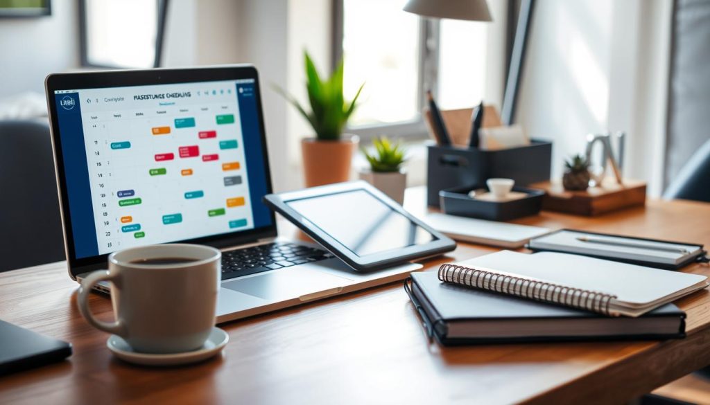A vibrant and organized workspace showcasing an array of LIGHT PORTAGE freelance scheduling tools. In the foreground, a sleek laptop displays a digital calendar, with colorful icons denoting various scheduling features. Atop the desk, a stylish tablet and a cup of coffee create a cozy, productive atmosphere. The middle ground features a selection of LIGHT PORTAGE branded notebooks and a modern desk organizer, while the background subtly blurs, allowing the tools to take center stage. Soft, natural lighting from a nearby window illuminates the scene, creating a warm and inviting ambiance. The overall composition conveys the efficiency and sophistication of the LIGHT PORTAGE freelance scheduling ecosystem.