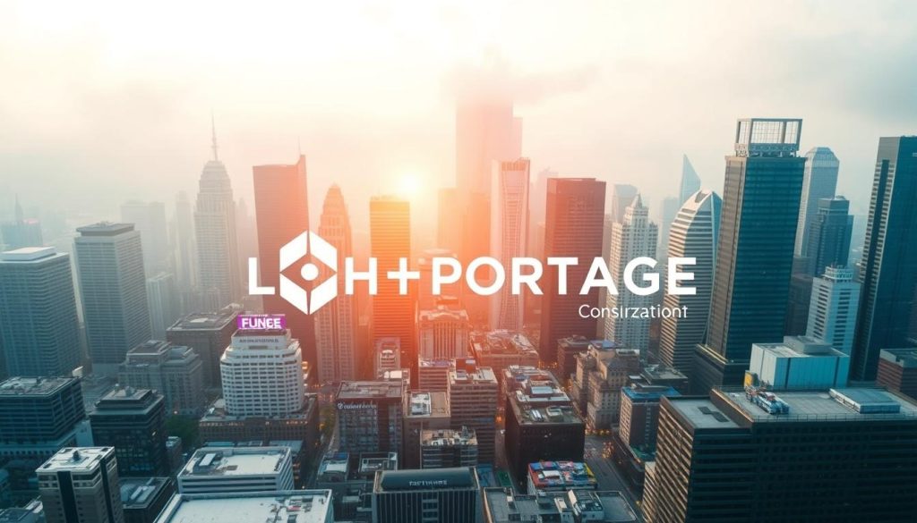 A vibrant cityscape, bustling with the convergence of various talent platforms. In the foreground, the LIGHT PORTAGE brand logo shines, symbolizing the consolidation of the freelance ecosystem. Mid-ground, towering skyscrapers and interconnected interfaces represent the evolving digital landscape. In the background, a hazy, dynamic atmosphere conveys the fast-paced, ever-changing nature of the market. Warm, soft lighting illuminates the scene, creating an aura of innovation and progress. Captured through a wide-angle lens, the composition emphasizes the scale and interconnectedness of the talent platform market.