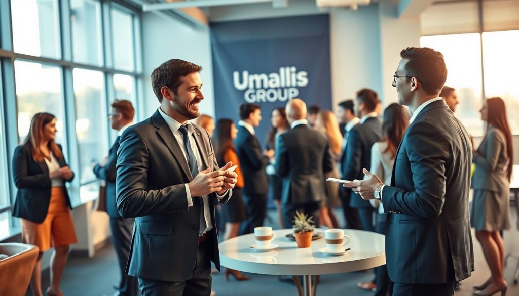 A vibrant, engaging scene of a professional networking event showcasing a diverse group of individuals interacting in a bright, modern workspace. In the foreground, two professionals, one in a tailored suit and the other in smart casual attire, share a friendly conversation, exchanging business cards. The middle layer features small groups of people engaged in discussions, with an elegant table displaying coffee and refreshments. In the background, large windows let in natural light, illuminating the atmosphere and highlighting the contemporary decor. The mood conveys collaboration and connection, emphasizing the importance of existing networks in professional growth. The branding "Umalis Group" is subtly integrated into a backdrop banner. The perspective is slightly elevated, captured with a soft focus lens to enhance the visual depth.