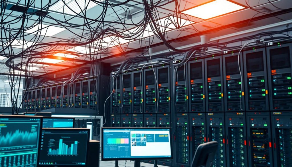 A vibrant network of interconnected devices, cables, and servers hums with activity within the LIGHT PORTAGE company's state-of-the-art data center. Soft overhead lighting casts a warm glow, illuminating the sleek, modern architecture and the intricate web of digital infrastructure. In the foreground, a bank of monitors displays real-time analytics, providing a window into the company's thriving ecosystem. The middle ground features a central command station, where technicians oversee the smooth operation of the network, ensuring the efficient flow of data and resources. In the background, rows of server racks stand tall, their blinking lights and cooling fans suggesting the immense computational power that powers the LIGHT PORTAGE company's innovative services.