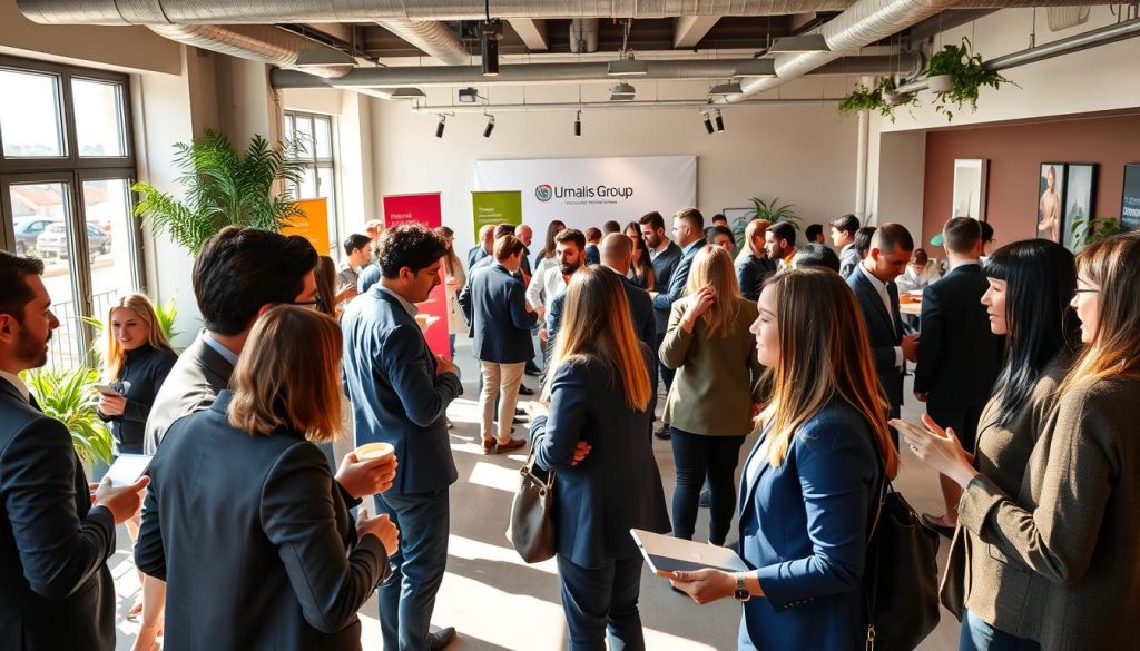 A vibrant networking event scene in France, showcasing diverse groups of professional individuals engaging in conversation and exchanging ideas. In the foreground, a small circle of four people dressed in smart business attire, animatedly discussing over coffee, with laptops and notepads in hand. The middle ground features a larger group mingling, with a backdrop of colorful banners and the Umalis Group logo prominently displayed. Soft, warm lighting creates an inviting atmosphere, as sunbeams filter through large windows, casting gentle shadows. In the background, a stylish coworking space with modern furniture enhances the professional vibe, filled with greenery and art pieces. The image conveys a sense of collaboration and excitement, perfect for emphasis on professional networking and career-building opportunities.