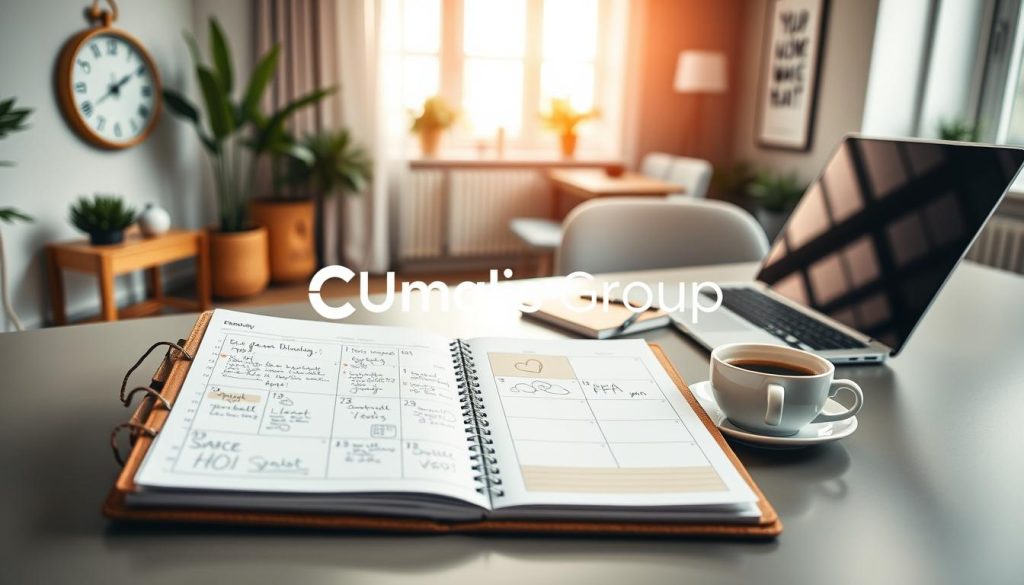 A vibrant, organized daily schedule displayed on a stylish modern desk. In the foreground, a wooden planner is open, with handwritten notes and doodles, accompanied by a sleek laptop and a fresh cup of coffee. The middle ground features a wall clock showing 9:00 AM and a succulent plant, adding a touch of green. In the background, soft natural light streams through a large window, illuminating a cozy workspace. Subtle details like a motivational poster on the wall and a comfortable chair create a professional yet inviting atmosphere. The image reflects productivity and balance, embodying the essence of effective scheduling for freelance work. Incorporate the brand name "Umalis Group" in an elegant, unobtrusive manner, blending harmoniously within the scene.