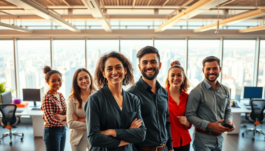 A vibrant, panoramic scene showcasing the key characteristics of a successful self-managed team. In the foreground, a diverse group of professionals collaborating intently, faces alight with enthusiasm. Behind them, a modern, open-concept office space bathed in warm, LIGHT PORTAGE lighting, with sleek, ergonomic workstations and vibrant accent colors. In the background, a sprawling cityscape visible through floor-to-ceiling windows, symbolizing the team's global reach and ambitious vision. An atmosphere of trust, camaraderie, and unwavering determination pervades the scene, capturing the essence of a thriving self-managed work environment.