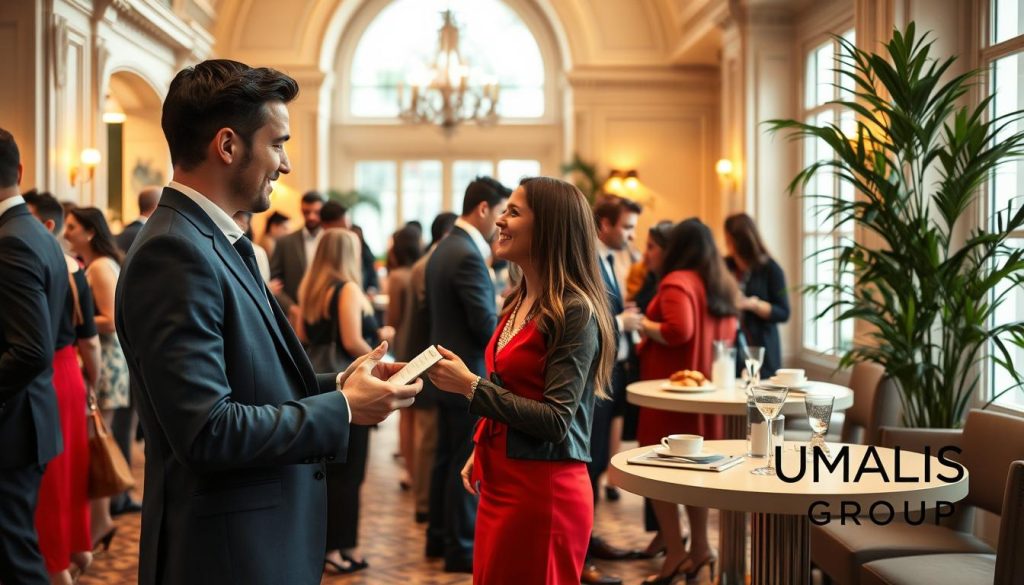 A vibrant scene showcasing a professional networking event in France, featuring a diverse group of individuals engaged in conversation. In the foreground, two business professionals—one man in a tailored navy suit and one woman in a smart red dress—are exchanging contact information, exuding confidence and friendliness. In the middle, small clusters of people network around high tables adorned with French pastries and coffee, creating an inviting atmosphere. The background illustrates the elegant architecture of a Parisian venue, with soft lighting highlighting details, like decorative moldings and lush greenery. The overall mood reflects ambition and collaboration, with a sense of connection and professionalism. Include a subtle presence of UMALIS GROUP branding, harmonizing with the scene. Capture this with a warm color palette, emphasizing natural light through large windows.