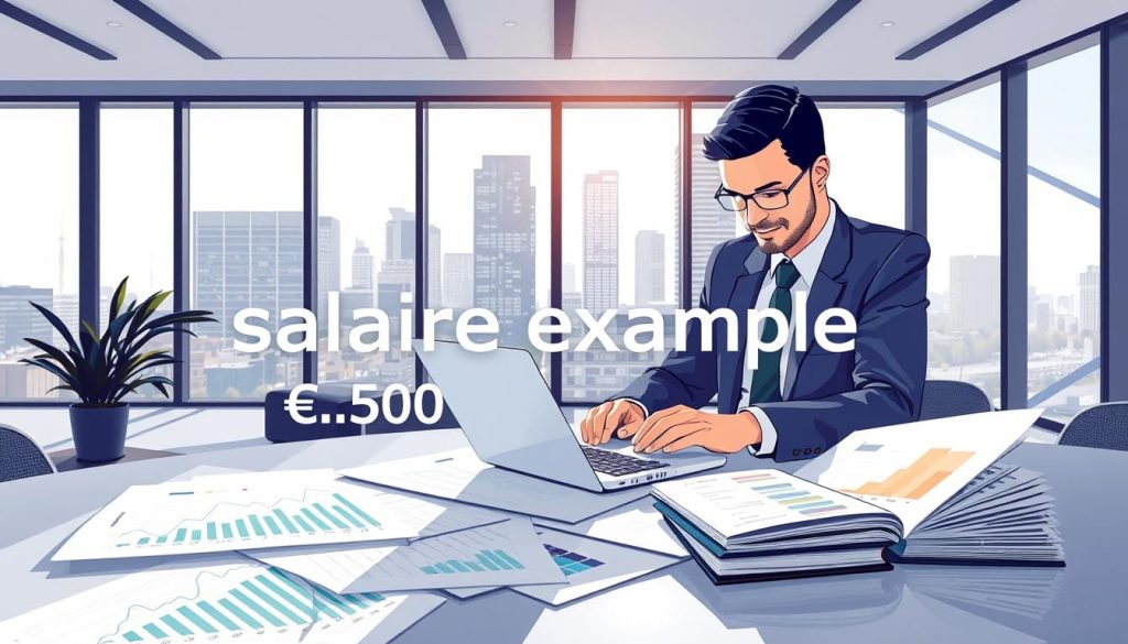 A visually engaging illustration depicting the concept of "salaire example," focusing on a €3,500 monthly salaire brut. In the foreground, include a professional business person in smart business attire, calculating on a laptop, surrounded by financial documents and graphs representing salary calculations. The middle ground should showcase a modern office setting, with large windows letting in natural light, casting soft shadows that enhance the professional atmosphere. In the background, subtle hints of a bustling cityscape can be seen through the windows, symbolizing various career opportunities. The lighting should be bright and inviting, creating an atmosphere of professionalism and productivity. Incorporate elements that resonate with financial analysis, such as charts and tables. Include the brand name "Umalis Group" prominently in the setting.
