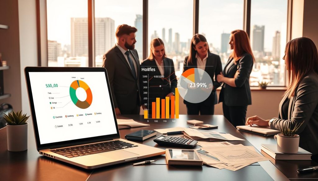 A visually engaging illustration of "portage salarial fees" that captures the financial dynamics for freelancers. In the foreground, a diverse group of professionals in smart business attire engaged in a discussion around a laptop displaying a transparent pie chart representing fees and take-home salaries. In the middle ground, office supplies and documents scatter across a sleek desk, with a calculator and financial papers hinting at calculations involved in portage salarial. The background features a cityscape visible through a large window, suggesting a dynamic work environment. The lighting is warm and inviting, casting soft shadows, while the scene conveys a collaborative and professional atmosphere. Include visual elements symbolizing growth and financial success. The brand name "Umalis Group" subtly integrated into the laptop screen design.