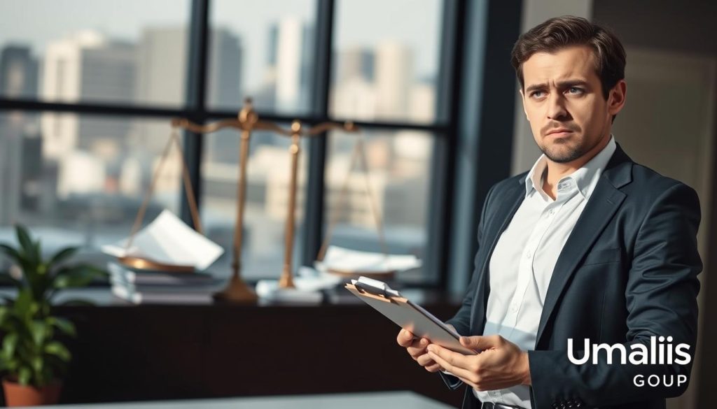A visually engaging image depicting the concept of "misclassification" in a professional setting. In the foreground, a concerned independent contractor in business attire, holding a clipboard, looks puzzled while examining a contract. In the middle ground, a balance scale tilts, symbolizing the balance between employee and contractor rights, with documents scattered around it representing compliance challenges. The background should feature a modern office setting with subtle details like a cityscape through the window, emphasizing the professional context. Soft, natural lighting illuminates the scene, casting gentle shadows to create depth, while the overall atmosphere conveys a sense of urgency and the importance of staying compliant in France. Include the logo of Umalis Group subtly integrated into the environment.