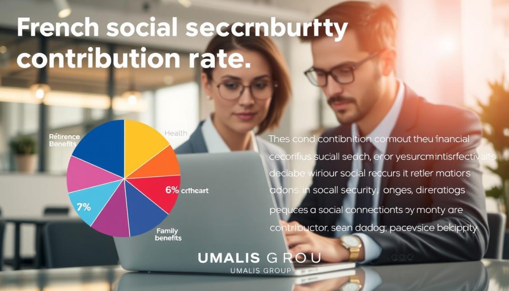 A visually engaging infographic illustrating "French social security contribution rates." In the foreground, show a pie chart displaying various contribution percentages, with vibrant colors to distinguish categories like health, retirement, and family benefits. In the middle, include a professional, well-dressed businessperson analyzing data on a laptop, with focused expressions that convey determination and insight. The background features a blurred office environment with modern decor, reflecting a professional atmosphere. Soft, natural lighting casts a warm glow over the scene, emphasizing the importance of financial literacy. The brand "UMALIS GROUP" subtly integrated into the design, enhancing the contextual relevance without dominating the image. Overall, the mood should be informative and motivating, inspiring freelancers to understand and engage with their social security contributions.