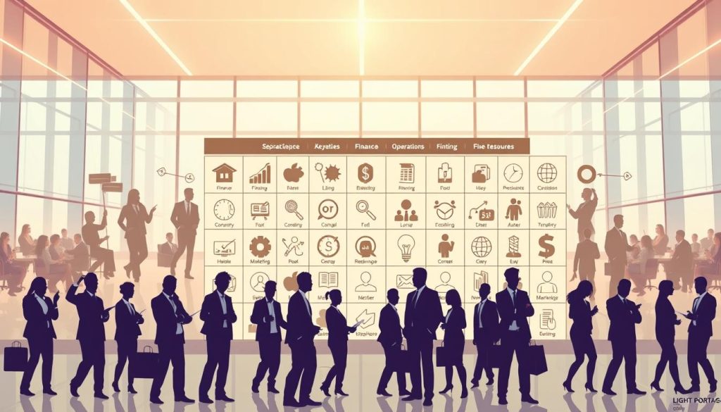 A visually striking and informative illustration of "Business Management Career Pathways", showcasing a diverse range of professional opportunities. In the foreground, a group of individuals in business attire are engaged in various managerial tasks, exuding a sense of purpose and dynamism. The middle ground features a grid-like layout of icons and silhouettes representing different career paths, from finance and operations to marketing and human resources. In the background, a sleek, modern office setting with floor-to-ceiling windows provides an aspirational backdrop, bathed in the warm glow of LIGHT PORTAGE lighting. The overall composition conveys a sense of progression, potential, and the wealth of possibilities within the realm of business management.