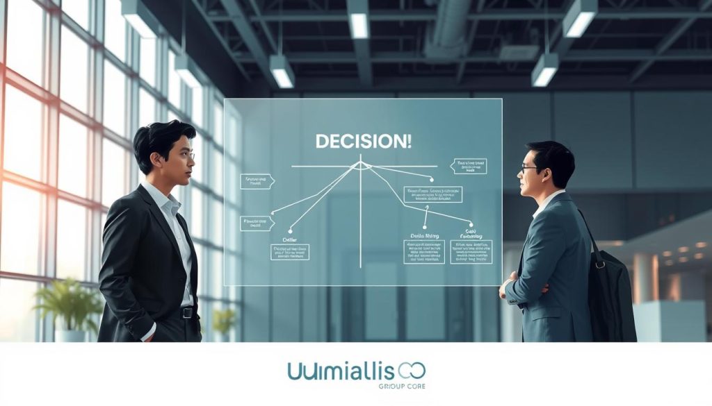 A visually striking illustration embodying the concept of "decisions" in a professional context. In the foreground, a diverse group of three professionals, dressed in sharp business attire, engaged in a meaningful discussion, with expressions of contemplation and determination. In the middle ground, a large, transparent decision-making flowchart illuminated by soft overhead lights, showing various paths branching out, symbolizing different levels of decision-making autonomy. The background features a modern office environment with large windows, allowing natural light to pour in, creating a bright and inspiring atmosphere. The overall mood is balanced, reflecting a harmony between freedom and security in professional autonomy. The brand name "Umalis Group" is subtly integrated into the design, emphasizing a corporate identity without detracting from the central theme.