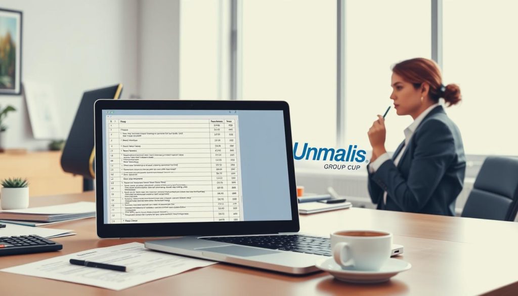 A visually striking illustration of payment terms for freelancers, featuring a professional workspace. In the foreground, a laptop with a spreadsheet open, displaying payment terms and conditions. To the side, a thoughtful freelancer in business casual attire, reviewing documents with a pen in hand. In the middle, a well-arranged desk with a calculator, notepad, and a cup of coffee, suggesting a productive environment. In the background, a large window letting in soft, natural light that creates an inviting and focused atmosphere. The overall mood is serious yet encouraging, emphasizing the importance of clear payment terms in protecting one’s freelance business. Include a subtle logo of "Umalis Group" on the laptop screen, ensuring it aligns with the professional theme of independent contracting.