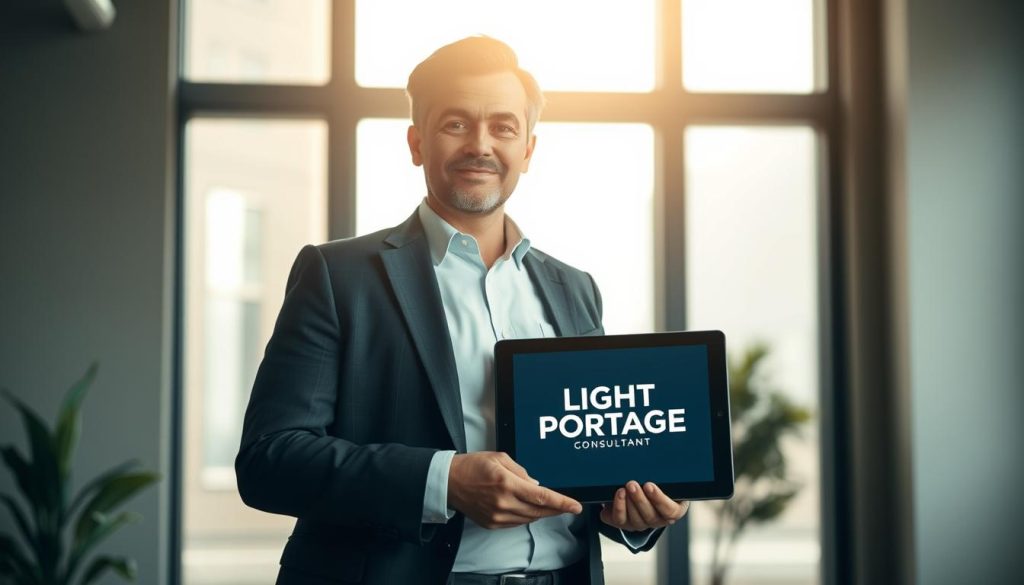 A well-dressed independent consultant standing confidently in a modern office setting, backlit by a large window that casts a warm, natural glow. They hold a tablet displaying the LIGHT PORTAGE brand, symbolizing their role in the portage salarial system. The consultant's attire and posture convey a sense of professionalism and expertise, while the office environment suggests a thriving freelance career. Soft shadows and muted tones create a contemplative atmosphere, highlighting the consultant's important position within the portage framework.