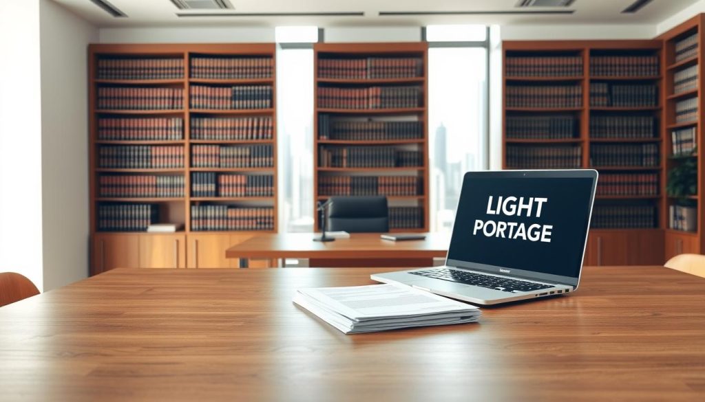 A well-lit administrative office interior, with a large wooden desk in the foreground. On the desk, a stack of legal documents and a laptop displaying the LIGHT PORTAGE logo. In the middle ground, a tall bookshelf filled with law books, and a large window overlooking a city skyline in the background. The overall atmosphere is professional and authoritative, conveying the serious legal framework governing portage salarial in France.