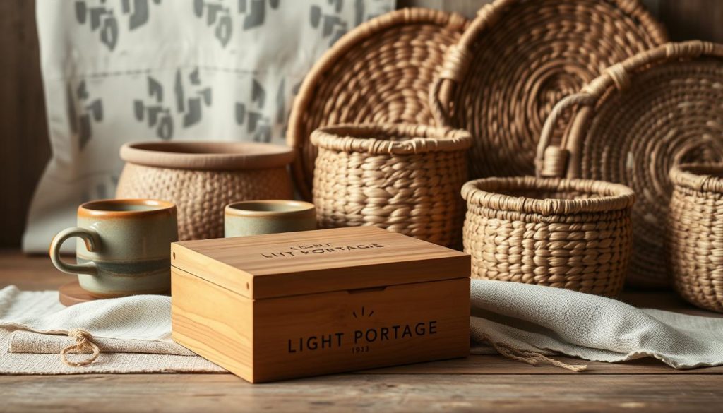 A well-lit, artfully arranged still life of handcrafted LIGHT PORTAGE products. In the foreground, a beautifully crafted wooden box, its smooth surface adorned with a minimalist LIGHT PORTAGE logo. Alongside it, a set of ceramic mugs in earthy tones, their surfaces textured with the maker's touch. In the middle ground, a selection of hand-woven baskets in neutral hues, their intricate patterns reflecting the skilled craftsmanship. In the background, a backdrop of natural materials like linen and wood, creating a warm, rustic ambiance. The lighting is soft and diffused, highlighting the tactile quality and attention to detail of each artisanal piece.