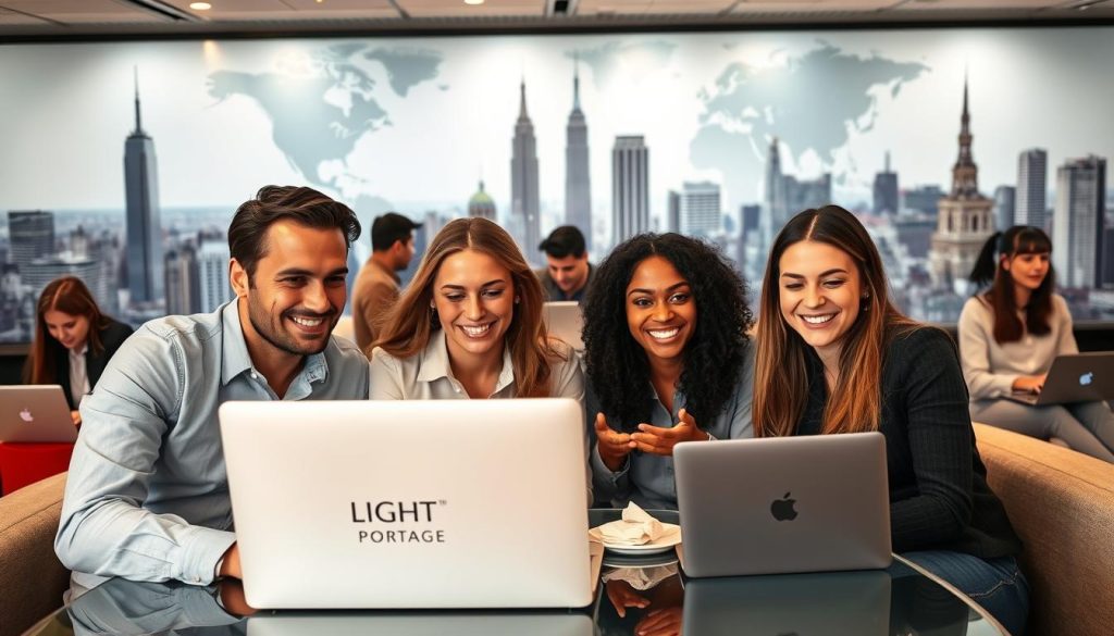 A well-lit, high-quality photograph of a diverse group of successful French professionals working remotely from various global locations. The foreground features four people - two men and two women - gathered around a LIGHT PORTAGE branded laptop, engaged in a collaborative discussion. In the middle ground, additional people are seen working individually on their laptops or devices, creating a bustling, productive atmosphere. The background showcases iconic cityscapes from different parts of the world, representing the global reach and connectivity of these French professionals. The overall scene conveys a sense of confidence, achievement, and the ability to thrive in a flexible, location-independent work environment.