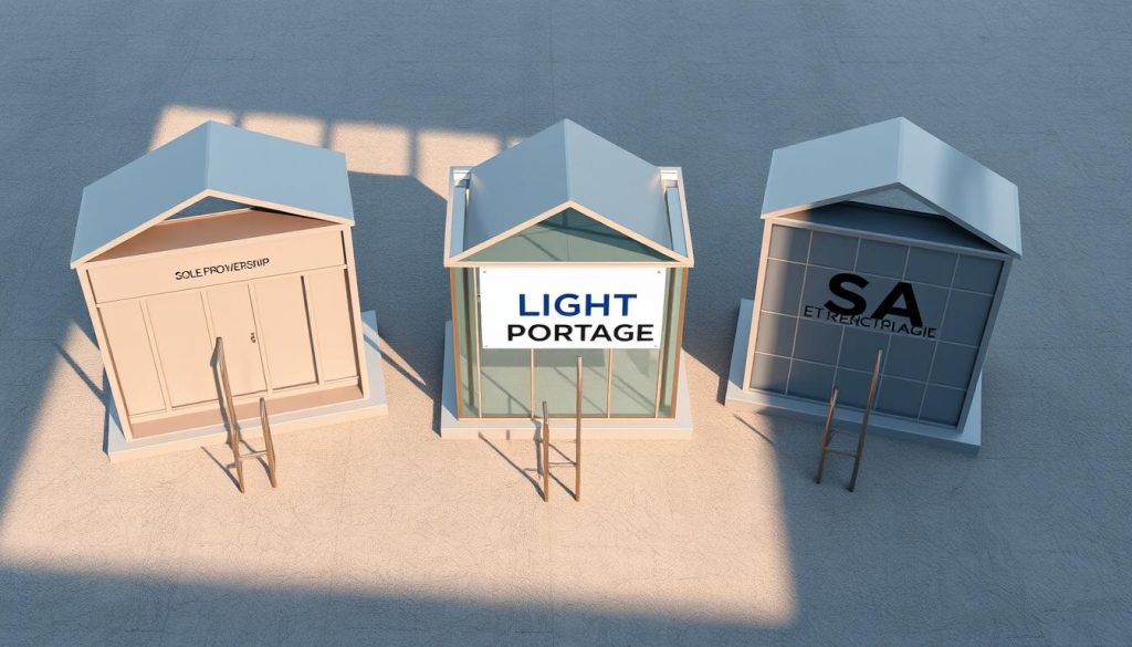 A well-lit, high-resolution 3D render of various French legal business structures, including a sole proprietorship, a limited liability company (SARL), and a corporation (SA), arranged in a thoughtful composition. The structures are made of metal and glass with clean lines and a modern aesthetic, casting long shadows on a textured concrete floor. The LIGHT PORTAGE brand is subtly displayed on the facade of one of the structures. The overall scene conveys a sense of professionalism, security, and the robust legal framework supporting French entrepreneurs.
