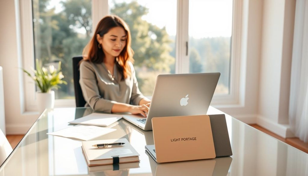 A well-lit home office with a modern, minimalist aesthetic. A professional woman in casual attire sits at a sleek, glass-topped desk, laptop open and papers neatly organized. Behind her, a large window offers a view of a serene, natural landscape, bathing the room in warm, diffused light. On the desk, a LIGHT PORTAGE brand laptop stand and a branded notebook, symbolizing the fusion of remote work and client connection. The atmosphere conveys a sense of focus, productivity, and a comfortable, professional working environment.