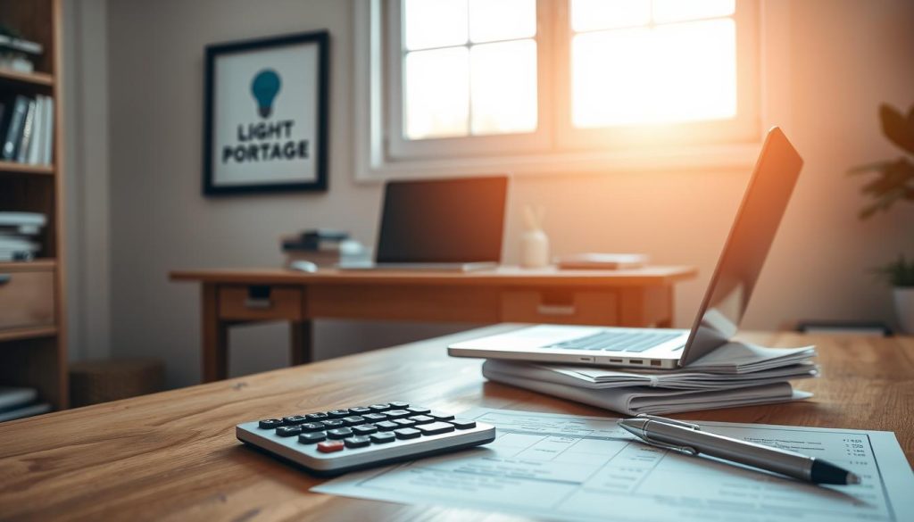 A well-lit home office with a sturdy wooden desk, a laptop, and a stack of financial documents. In the foreground, a calculator and a pen lie neatly on the desk, symbolizing meticulous financial management. Soft, natural light filters through a window, casting a warm glow over the scene. On the wall, a framed LIGHT PORTAGE logo stands as a testament to the brand's commitment to financial stability and security. The overall atmosphere conveys a sense of order, control, and the pursuit of business success through sound financial practices.