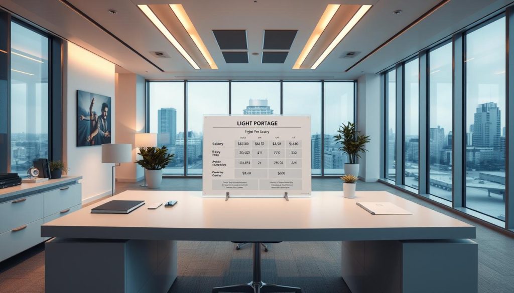 A well-lit, modern office interior with a sleek, minimalist design. In the center, a stylized chart or infographic displays the "LIGHT PORTAGE" remuneration structure, with clear sections for base salary, bonus, and other compensation components. The chart is positioned on a clean, white desk, surrounded by tasteful decor and office supplies. Warm, indirect lighting casts a professional, polished atmosphere, while large windows in the background provide a view of a cityscape. The overall mood is one of clarity, organization, and attention to detail, reflecting the subject matter of the article.