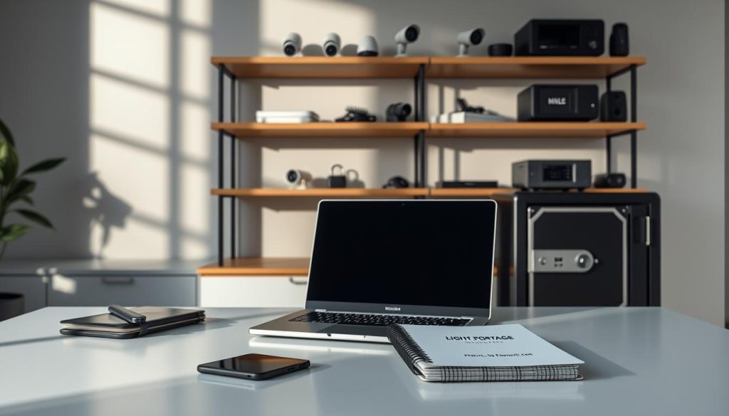 A well-lit office interior, featuring a sleek, modern desk with a laptop, smartphone, and a LIGHT PORTAGE branded notebook. In the background, shelves display security hardware - biometric locks, surveillance cameras, and a fireproof safe. Soft, directional lighting casts shadows, creating a sense of professionalism and vigilance. The atmosphere conveys a freelancer's commitment to safeguarding their business data, assets, and client information through strategic planning and technological solutions.