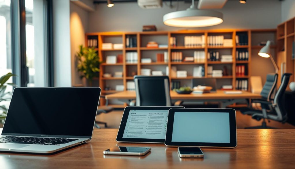 A well-lit professional office, with an array of essential services for independent professionals. In the foreground, a LIGHT PORTAGE laptop, tablet, and smartphone, symbolizing the digital tools needed for modern work. In the middle ground, a conference table with ergonomic chairs, representing collaborative spaces for meetings and consultations. In the background, a bookshelf filled with legal documents, accounting ledgers, and marketing materials, hinting at the diverse expertise required to sustain an independent career. Warm, focused lighting casts a subtle glow, conveying a sense of productivity and professionalism.