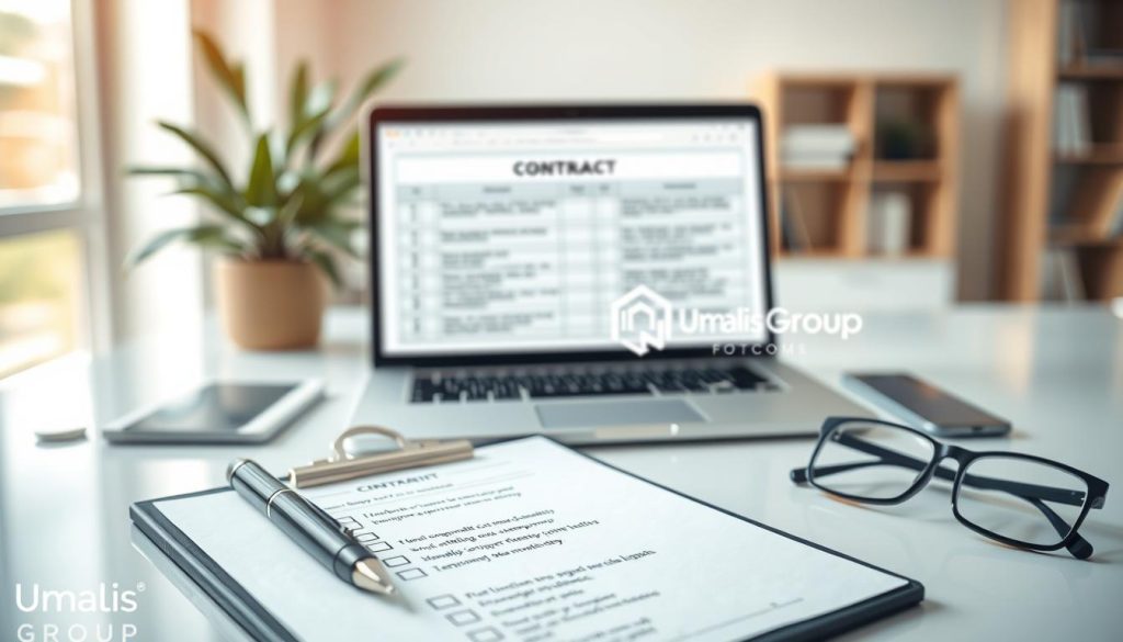 A well-organized contract checklist prominently displayed on a clean, professional desk. In the foreground, focus on a clipboard with neatly arranged checklist items outlining key components for securing a temporary work arrangement. Include a sleek pen and a pair of stylish reading glasses alongside it. In the middle, a laptop screen showcases a spreadsheet with contractual terms, hinting at a professional negotiation process. The background features a softly blurred office environment with a plant and a modern bookshelf, conveying a sense of professionalism and calm. Natural light streams through a window, creating a warm and inviting atmosphere. The Umalis Group logo subtly integrated into the design of the checklist adds a touch of branding.