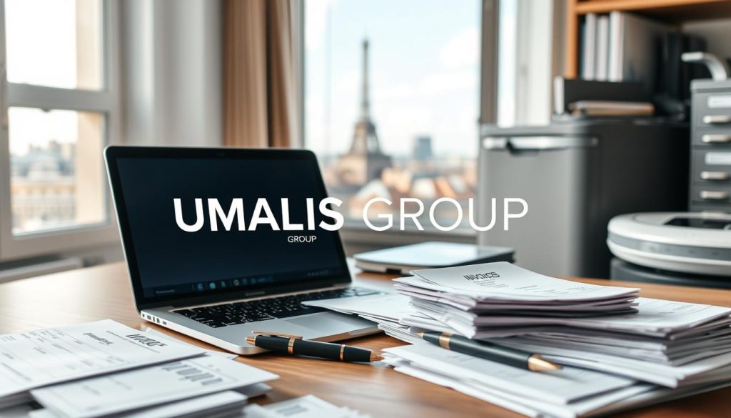 A well-organized workspace featuring a professional office setting dedicated to invoice archiving in France. In the foreground, a stylish wooden desk cluttered with neatly stacked invoices, a laptop displaying financial software, and a sophisticated pen set. In the middle ground, a filing cabinet adorned with labels for various expense categories and a modern scanner, emphasizing digital archiving. In the background, a blurred view of a window showcasing a Parisian skyline, casting soft, natural light across the room. The overall atmosphere is one of professionalism and efficiency, embodying a sense of clarity and order. The logo "UMALIS GROUP" subtly framed on the laptop screen, reinforcing the theme of organized record keeping. A well-organized workspace featuring a professional office setting dedicated to invoice archiving in France. In the foreground, a stylish wooden desk cluttered with neatly stacked invoices, a laptop displaying financial software, and a sophisticated pen set. In the middle ground, a filing cabinet adorned with labels for various expense categories and a modern scanner, emphasizing digital archiving. In the background, a blurred view of a window showcasing a Parisian skyline, casting soft, natural light across the room. The overall atmosphere is one of professionalism and efficiency, embodying a sense of clarity and order. The logo "UMALIS GROUP" subtly framed on the laptop screen, reinforcing the theme of organized record keeping.