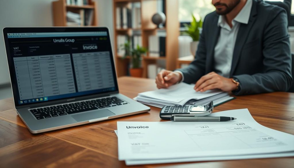 A well-organized workspace featuring a wooden desk with a laptop displaying a spreadsheet for expense invoicing and VAT calculations. In the foreground, a professional business person in smart casual attire analyzes documents and uses a calculator. The middle ground showcases a tidy stack of invoices and VAT forms, with a calculator and a stylish pen beside them. The background includes a soft-focus bookshelf filled with business books and a potted plant for a fresh touch. The scene is illuminated by natural light streaming through a large window, promoting a calm, productive atmosphere. The brand name "Umalis Group" is subtly integrated into an invoice on the desk, adding an element of professionalism to the setting.
