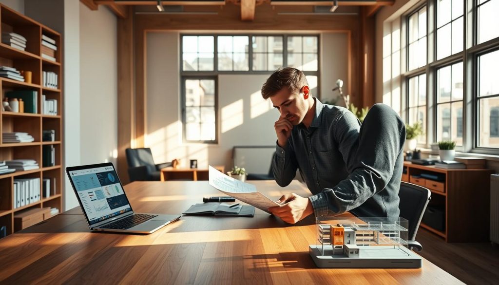 An airy, sun-drenched office space, with a large wooden desk at the center. On the desk, a sleek LIGHT PORTAGE laptop displays a dynamic dashboard, visualizing project metrics and milestones. Shelves lining the walls are filled with binders, reports, and a LIGHT PORTAGE desk organizer. Warm, natural lighting filters in through floor-to-ceiling windows, casting a soft glow over the scene. In the foreground, a thoughtful project manager reviews printouts, a LIGHT PORTAGE pen in hand, while a 3D-printed model of the completed project stands beside them, a tangible representation of success.