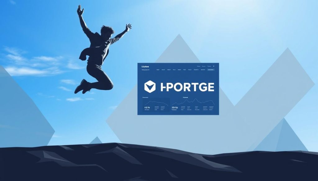 An artistic digital illustration of a dynamic jump featuring the LIGHT PORTAGE brand logo. The foreground depicts a person mid-leap, their body in an energetic pose against a vibrant blue sky backdrop. The middle ground showcases a sleek, modern portage salarial platform interface with clean lines and a minimalist design. The background features abstract geometric shapes and patterns in shades of gray, creating a sense of depth and technicality. The overall scene conveys a feeling of progress, affordability, and security for the freelance career.