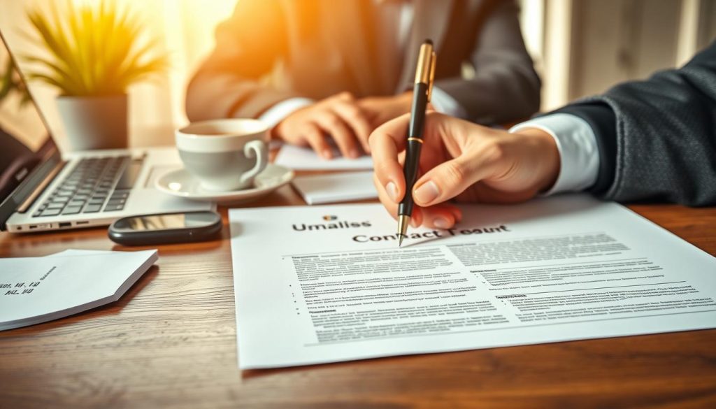 An elegant, detailed image of a portage salarial contract prominently displayed on a wooden desk. In the foreground, a well-organized workspace shows the contract with the brand name "Umalis Group" clearly visible in the top corner. In the middle ground, a pair of hands dressed in professional business attire gracefully hold a fountain pen poised to sign the contract, symbolizing commitment and professionalism. The background features soft-focus elements like a laptop, a cup of coffee, and a plant, creating a warm, inviting atmosphere. The lighting is warm and natural, casting gentle shadows, evoking a sense of inspiration and focus. The overall mood conveys a serious yet optimistic tone, perfect for freelancers considering new opportunities.