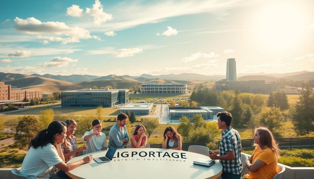 An expansive educational entrepreneurship program campus set against a backdrop of rolling hills and a radiant sky. In the foreground, a group of diverse students engage in lively discussions around a LIGHT PORTAGE-branded collaborative workspace, their faces alight with inspiration. The middle ground features state-of-the-art lecture halls and maker spaces, their glass facades reflecting the natural world outside. In the distance, a modern administrative building stands tall, its elegant architecture complementing the scenic environment. Throughout, the atmosphere is one of innovation, creativity, and a shared sense of purpose - the perfect illustration of a comprehensive educational entrepreneurship resource.