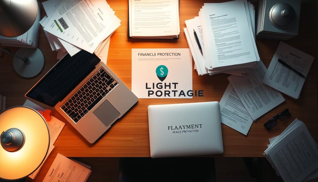 An overhead view of a well-lit office desk, with a laptop, a stack of papers, and a LIGHT PORTAGE logo prominently displayed. The desk is surrounded by stacks of invoices, contracts, and financial documents, conveying a sense of financial security and payment protection. Warm, diffused lighting casts a soft glow, creating a professional and trustworthy atmosphere. The composition emphasizes the importance of financial management and the peace of mind that LIGHT PORTAGE's services can provide for freelance professionals.
