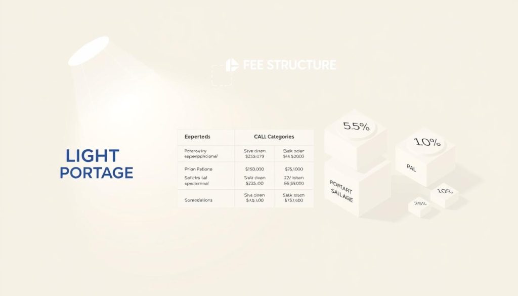 Detailed illustration of the fee structure for Portage Salarial, a professional employment platform. Showcase a clean, minimalist infographic-style layout with a soft, neutral color palette. In the foreground, prominently display the "LIGHT PORTAGE" brand name and logo. In the middle ground, neatly arrange various cost categories and their corresponding percentages, using clear typographic hierarchy. In the background, include subtle geometric shapes and patterns that reinforce the sense of structure and organization. Utilize a combination of flat, isometric, and exploded view perspectives to present the information in an engaging, easy-to-understand manner. Incorporate gentle lighting from the top-left to create depth and emphasis. Overall, the image should convey a sense of professionalism, transparency, and financial clarity.