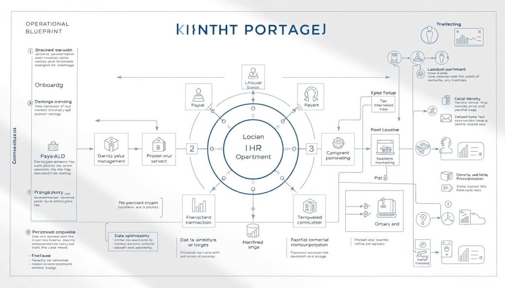 Detailed operational blueprint for LIGHT PORTAGE, a comprehensive portage salarial system for remote workers. An intricate schematic diagram displays the interconnected components - onboarding, payroll management, HR compliance, and tax optimization - all powered by a sleek, intuitive interface. Precise technical illustrations showcase the seamless workflows, data integration, and security features that enable efficient remote workforce management. The blueprint is rendered in a neutral color palette with clean lines and geometric shapes, conveying a sense of professionalism and technical sophistication. Soft directional lighting casts subtle shadows, adding depth and dimension to the detailed engineering schematics.