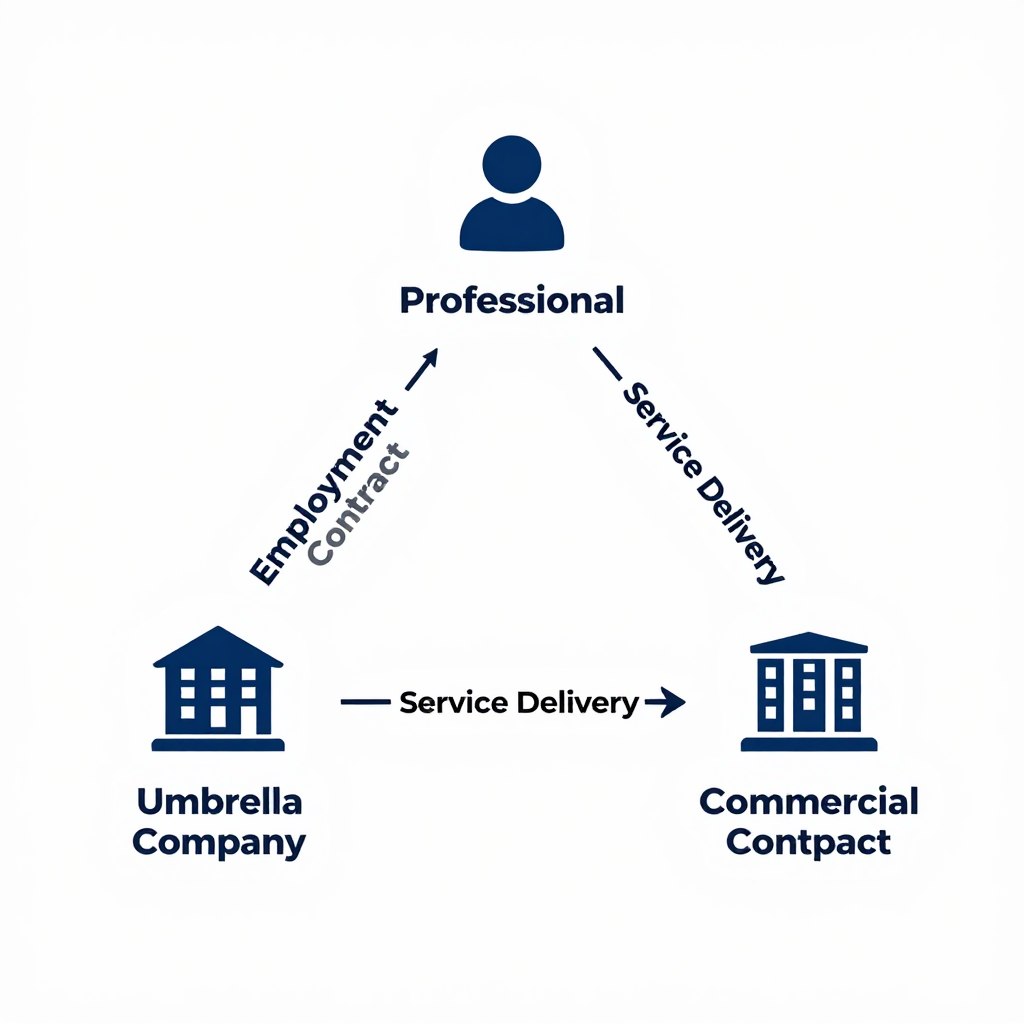 Diagram showing the tripartite relationship in salary portage between professional, umbrella company, and client