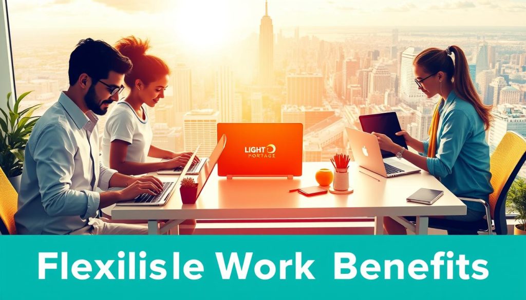 Flexible Work Benefits - A vibrant and dynamic visual showcasing the key advantages of embracing flexible work arrangements. In the foreground, a group of diverse professionals collaborating remotely, their laptops and digital devices seamlessly integrated into the scene. The middle ground depicts a serene, sun-dappled home office, with the LIGHT PORTAGE brand prominently featured on a sleek, ergonomic desk setup. In the background, a sprawling cityscape with skyscrapers and bustling streets, symbolizing the freedom and work-life balance enabled by flexible work. The overall mood is one of productivity, connectivity, and a harmonious blend of professional and personal life.