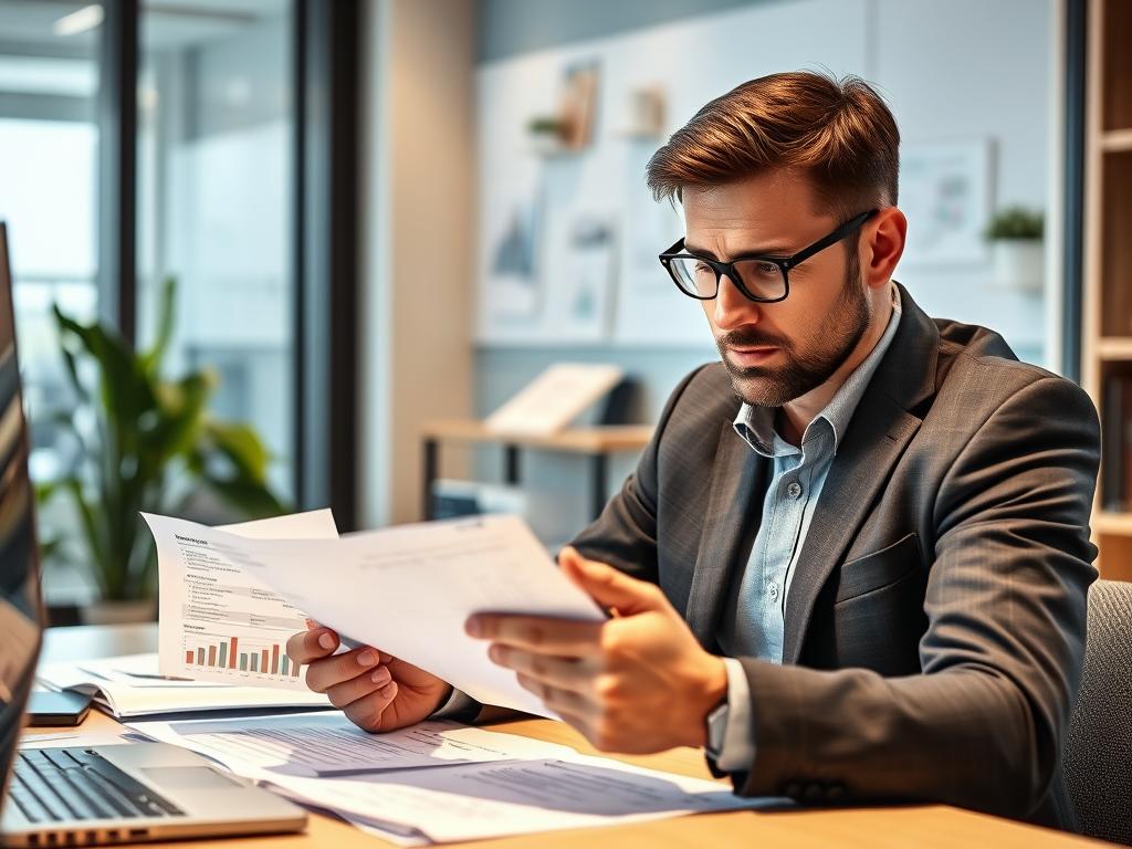 Freelance consultant analyzing financial documents and contract terms, highlighting financial challenges in freelancing IT France 2025