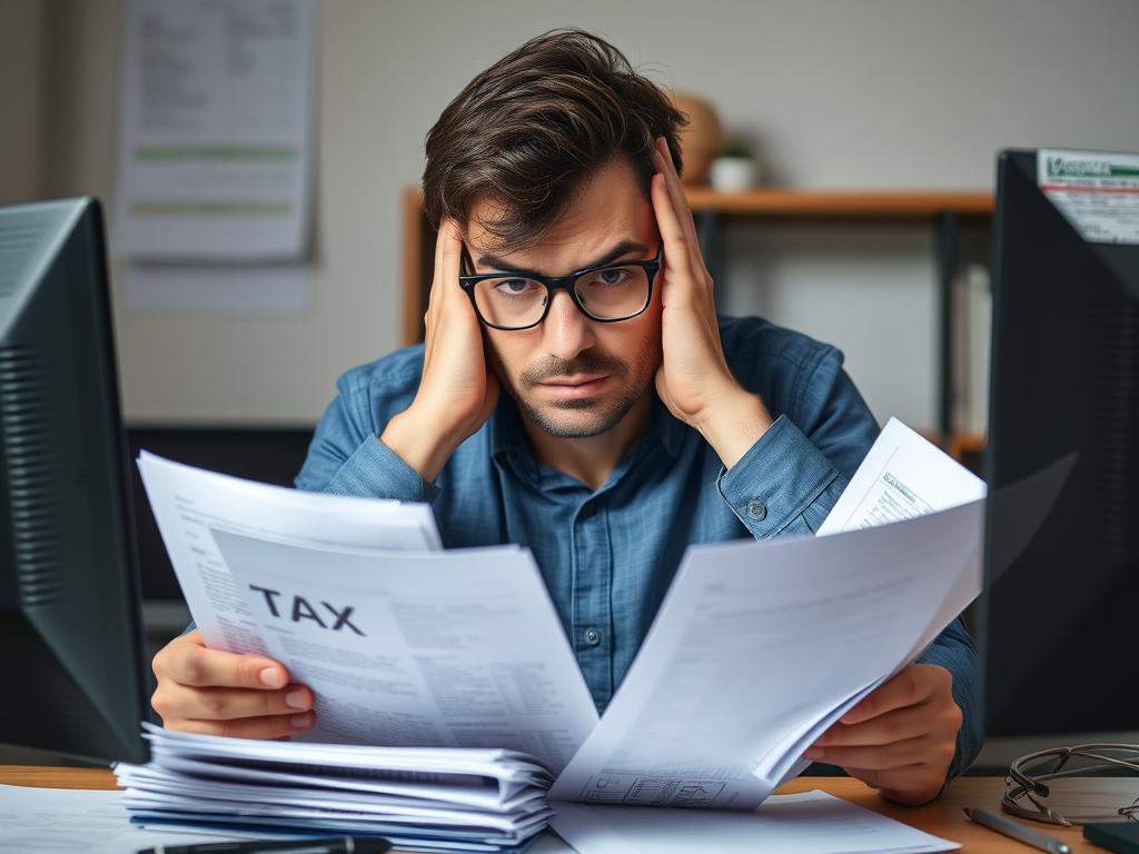 IT consultant managing administrative paperwork and digital documentation, illustrating challenges in freelancing IT France 2025